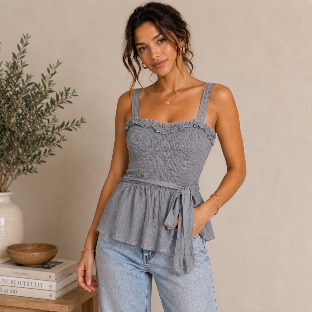 NWT Listicle Solid Gray Smocked Ruffle Peplum Tank Top Tie Front Sleeveless L